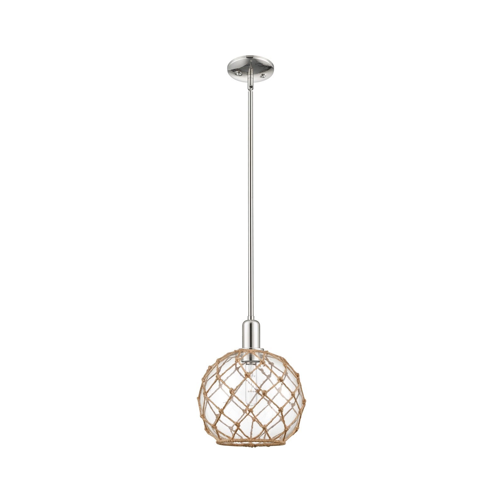 Innovations Farmhouse Rope 10in 1-Light Mini Pendant | Industrial Polished Nickel Steel and Clear Glass with Brown Rope | Model 716-1S-PN-G122-10RB