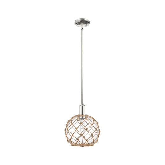 Innovations Farmhouse Rope 10in 1-Light Mini Pendant | Industrial Polished Nickel Steel and Clear Glass with Brown Rope | Model 716-1S-PN-G122-10RB