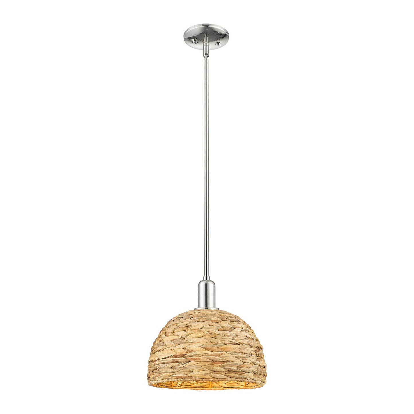 Innovations Woven Rattan 12in 1-Light Mini Pendant | Industrial Polished Nickel Steel and Natural Fiber Dome Shade | Kitchen | Model 716-1S-PN-RBD-12-NAT