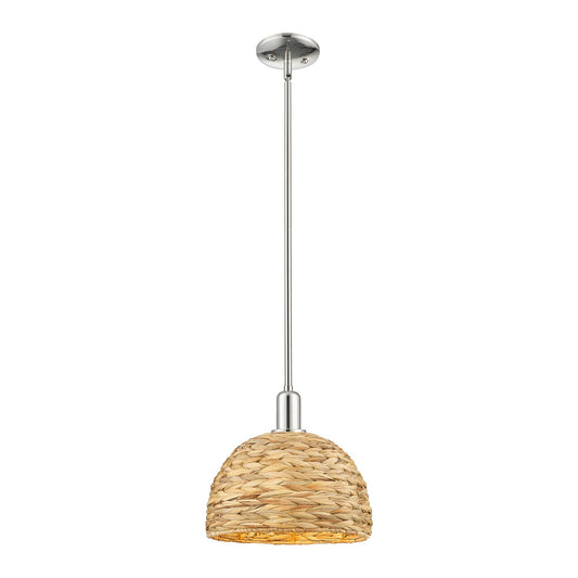 Innovations Woven Rattan 12in 1-Light Mini Pendant | Industrial Polished Nickel Steel and Natural Fiber Dome Shade | Kitchen | Model 716-1S-PN-RBD-12-NAT