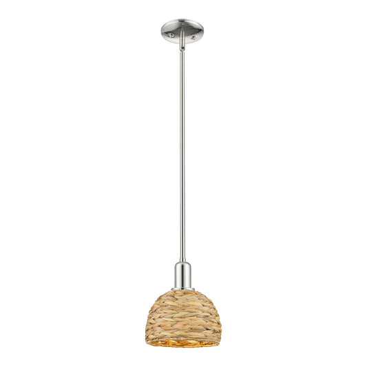 Innovations Woven Rattan 8in 1-Light Mini Pendant | Rustic Farmhouse Polished Nickel and Natural Woven Rattan | Kitchen Island | Model 716-1S-PN-RBD-8-NAT