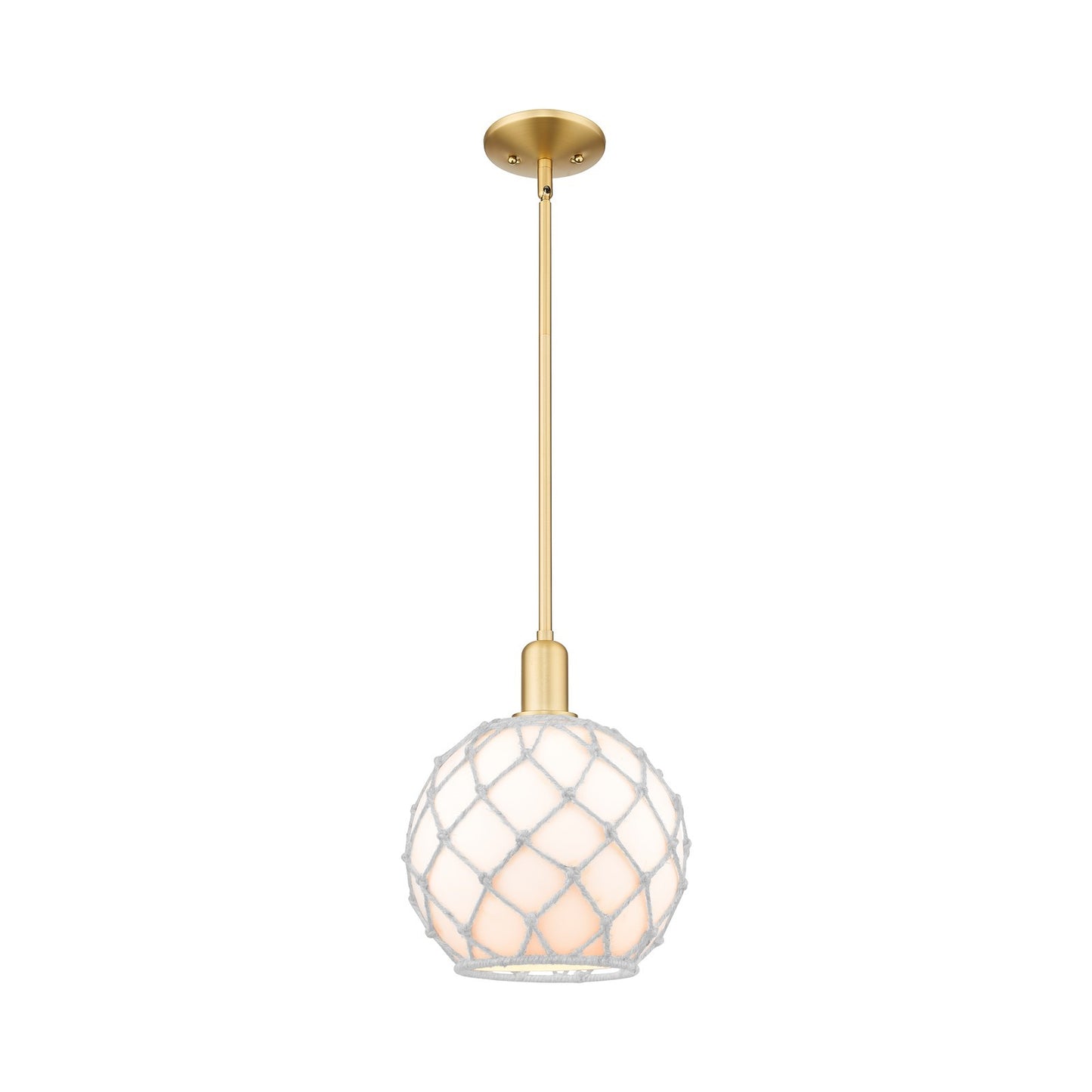 Innovations Farmhouse Rope 10in 1-Light Mini Pendant | Industrial Satin Gold Steel and White Glass Rope Shade | Kitchen Island | Model 716-1S-SG-G121-10RW