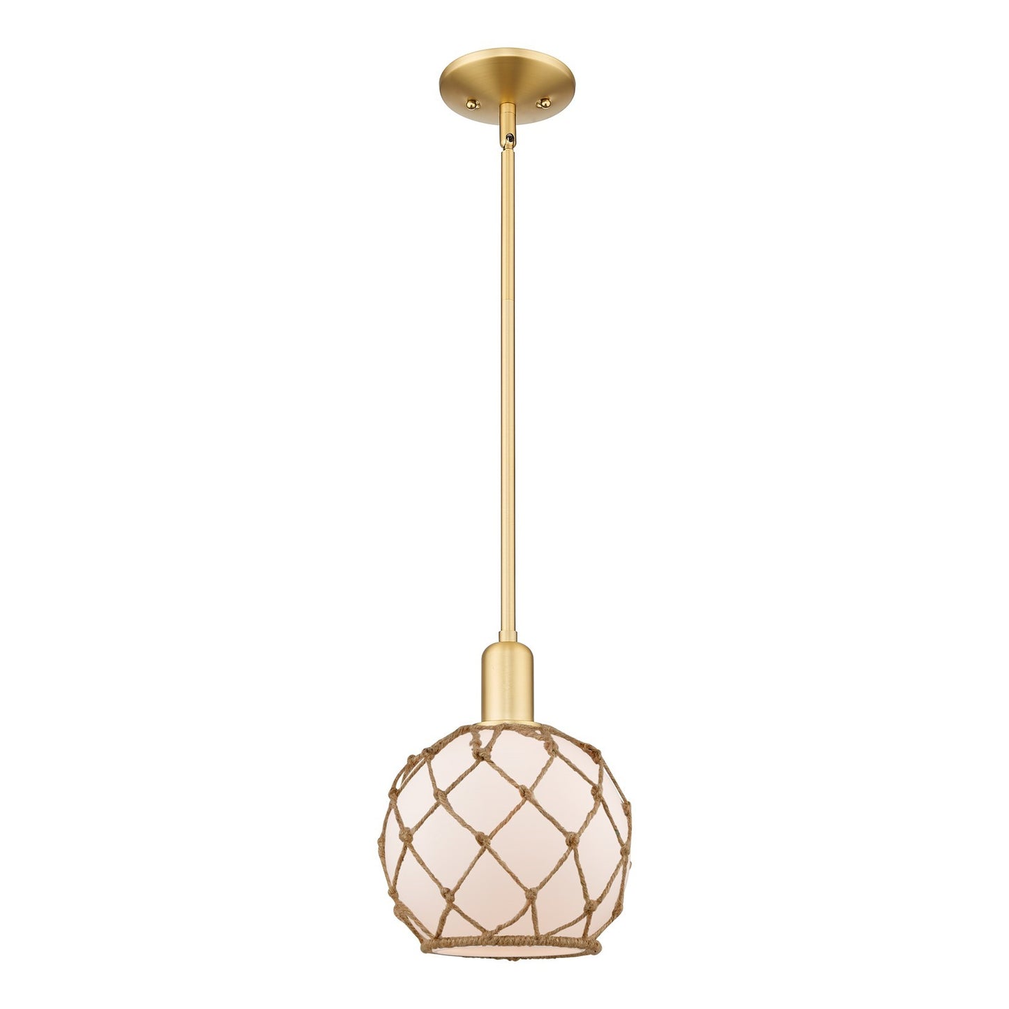 Innovations Farmhouse Rope 8in 1-Light Mini Pendant | Industrial Satin Gold Steel and White Glass with Brown Rope Shade | Model 716-1S-SG-G121-8RB