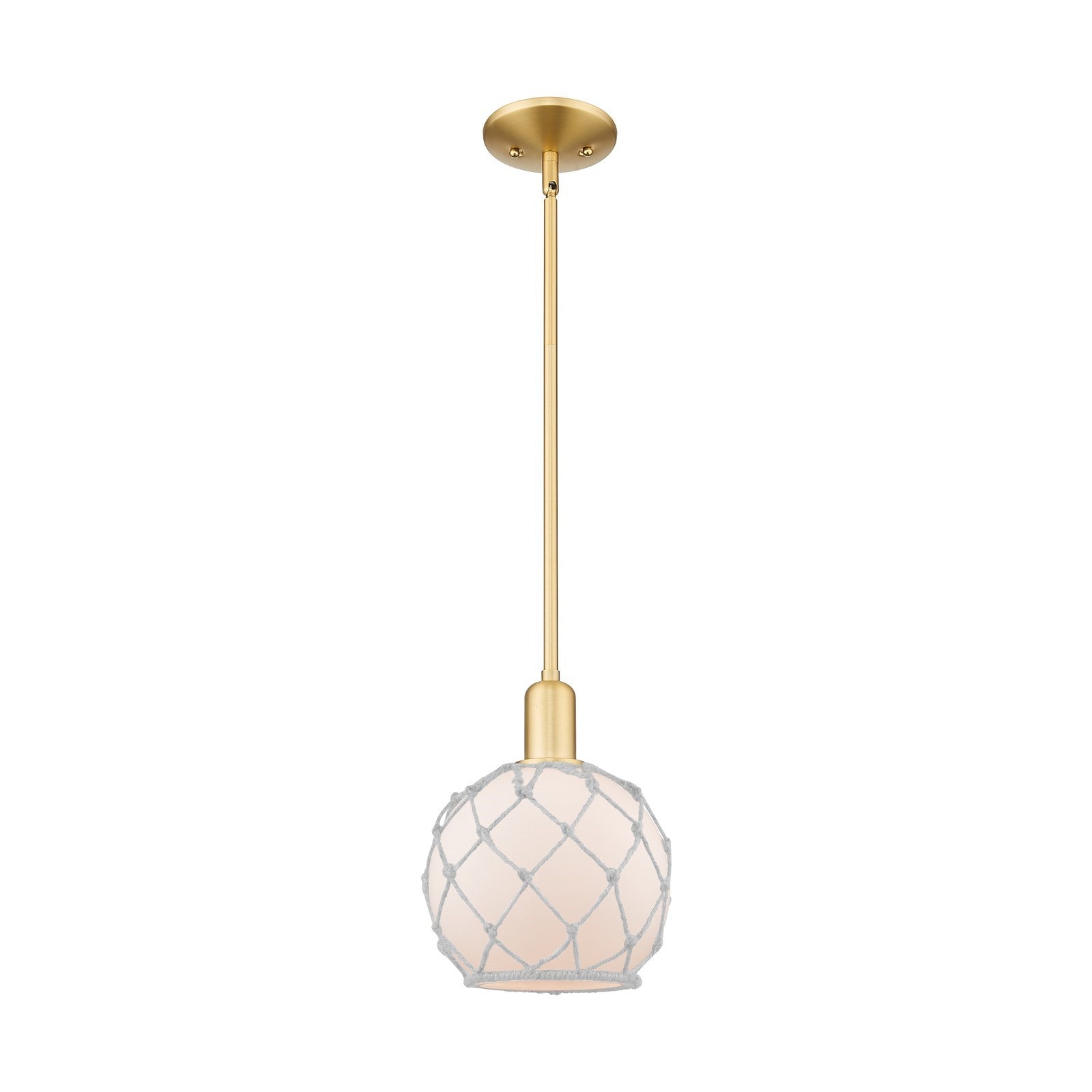 Innovations Farmhouse Rope 8in 1-Light Mini Pendant | Industrial Satin Gold Steel and White Frosted Glass with Rope | Kitchen | Model 716-1S-SG-G121-8RW