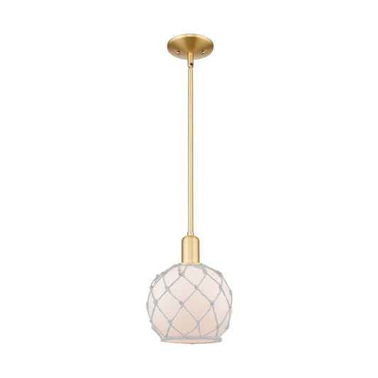 Innovations Farmhouse Rope 8in 1-Light Mini Pendant | Industrial Satin Gold Steel and White Frosted Glass with Rope | Kitchen | Model 716-1S-SG-G121-8RW