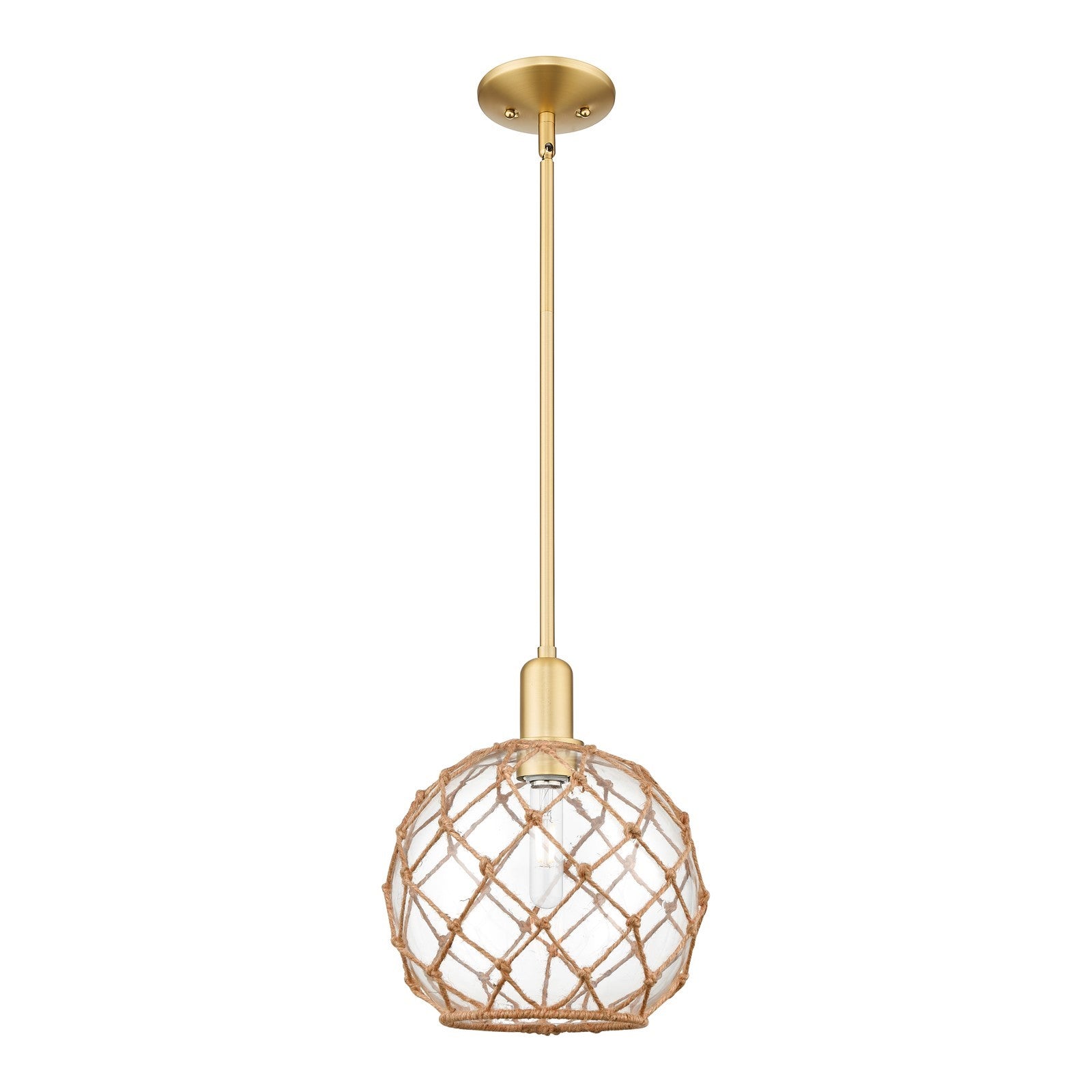 Innovations Farmhouse Rope 10in 1-Light Mini Pendant | Industrial Satin Gold Steel and Clear Glass with Brown Rope | Kitchen | Model 716-1S-SG-G122-10RB