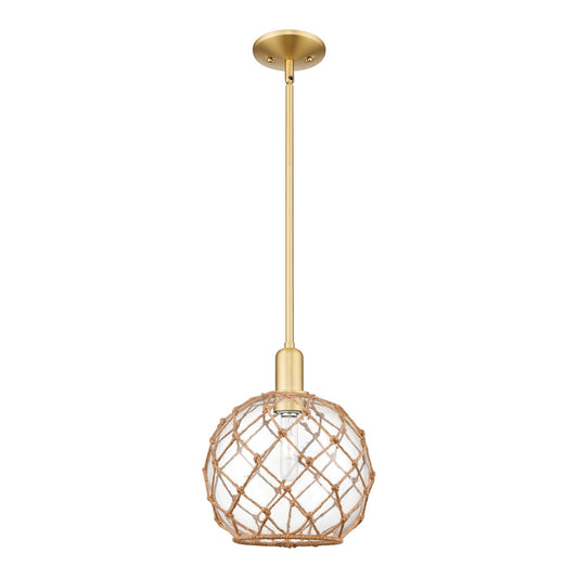 Innovations Farmhouse Rope 10in 1-Light Mini Pendant | Industrial Satin Gold Steel and Clear Glass with Brown Rope | Kitchen | Model 716-1S-SG-G122-10RB