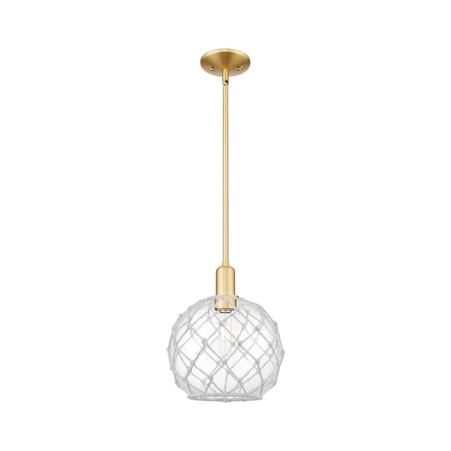 Innovations Farmhouse Rope 10in 1-Light Mini Pendant | Industrial Satin Gold Steel and Clear Glass with White Rope | Kitchen | Model 716-1S-SG-G122-10RW