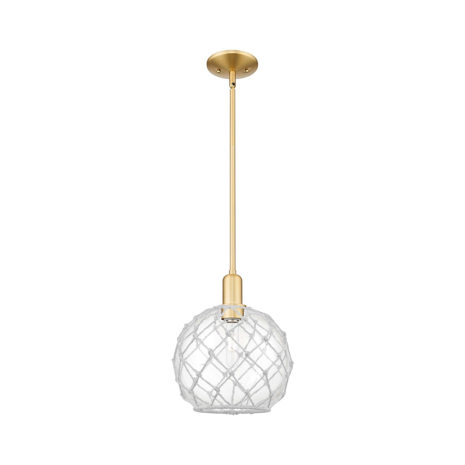 Innovations Farmhouse Rope 10in 1-Light Mini Pendant | Industrial Satin Gold Steel and Clear Glass with White Rope | Kitchen | Model 716-1S-SG-G122-10RW
