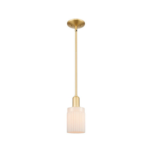 Innovations Hadley 1-Light 4.5in Mini Pendant | Industrial Satin Gold Steel and Matte White Ribbed Glass | Kitchen Island & Dining | Model 716-1S-SG-G341