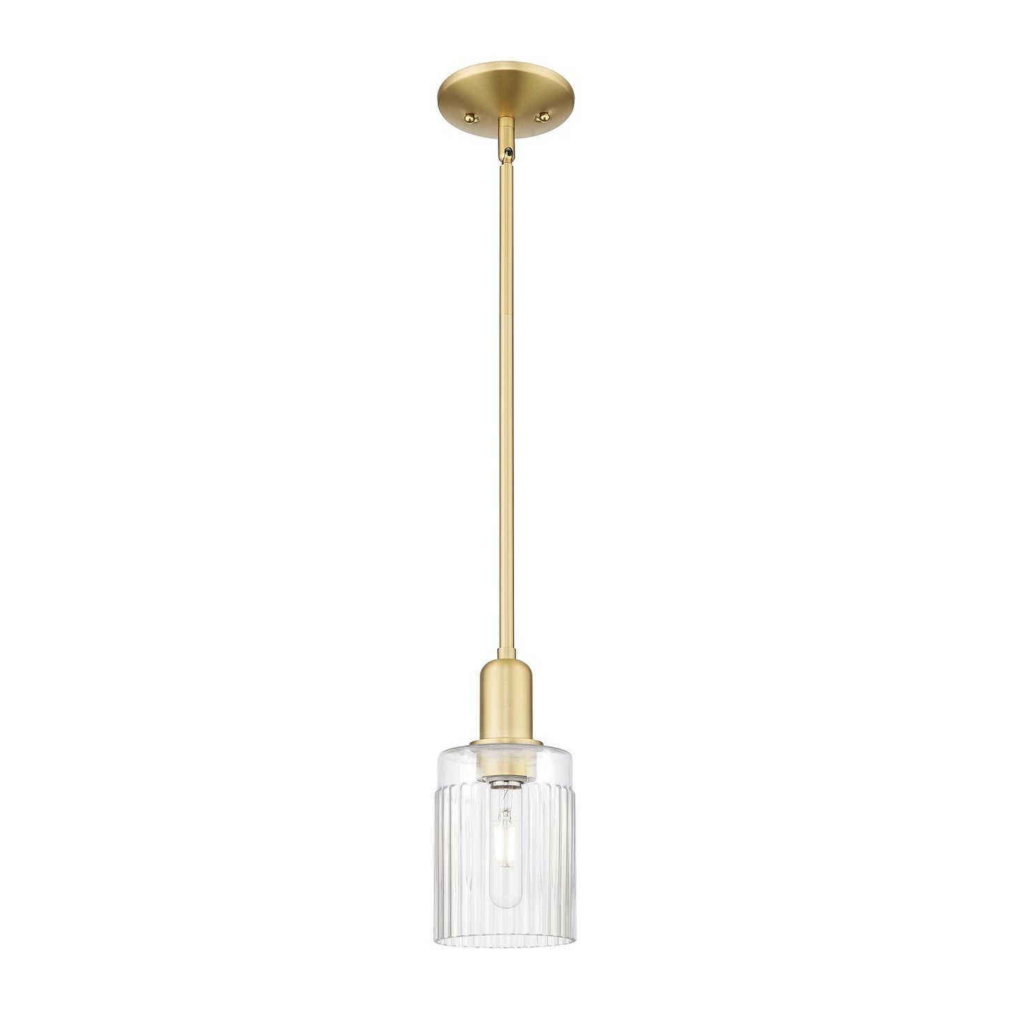 Innovations Hadley 1-Light 4.5in Mini Pendant | Industrial Satin Gold Steel and Clear Ribbed Glass | Kitchen Island & Dining Room | Model 716-1S-SG-G342