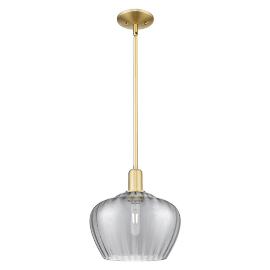 Innovations Fenton 11in 1-Light Mini Pendant | Industrial Satin Gold Steel and Light Smoke Ribbed Glass | Kitchen Island & Dining | Model 716-1S-SG-G93-L