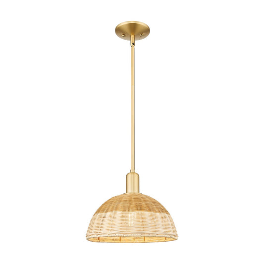 Innovations Natural Ballston Dome 12in 1-Light Mini Pendant | Farmhouse Satin Gold Steel and Natural Fiber Basketweave | Model 716-1S-SG-NBD2-12-NAT