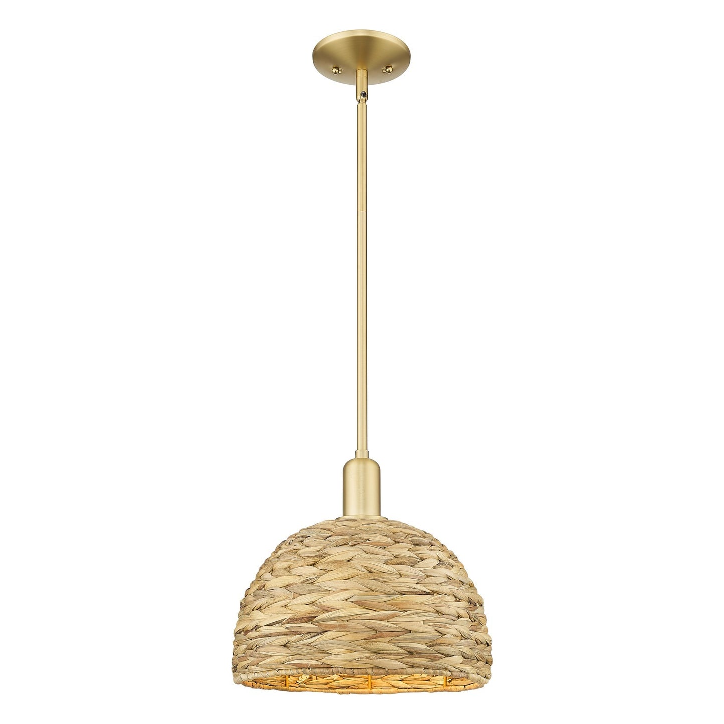 Innovations Woven Rattan 12in 1-Light Mini Pendant | Industrial Satin Gold Steel and Natural Fiber Shade | Kitchen Island & | Model 716-1S-SG-RBD-12-NAT
