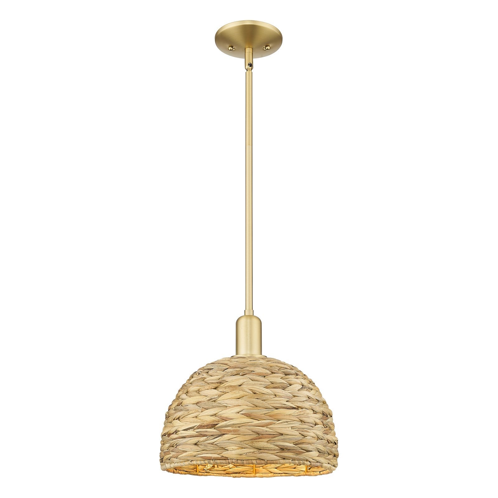 Innovations Woven Rattan 12in 1-Light Mini Pendant | Industrial Satin Gold Steel and Natural Fiber Shade | Kitchen Island & | Model 716-1S-SG-RBD-12-NAT