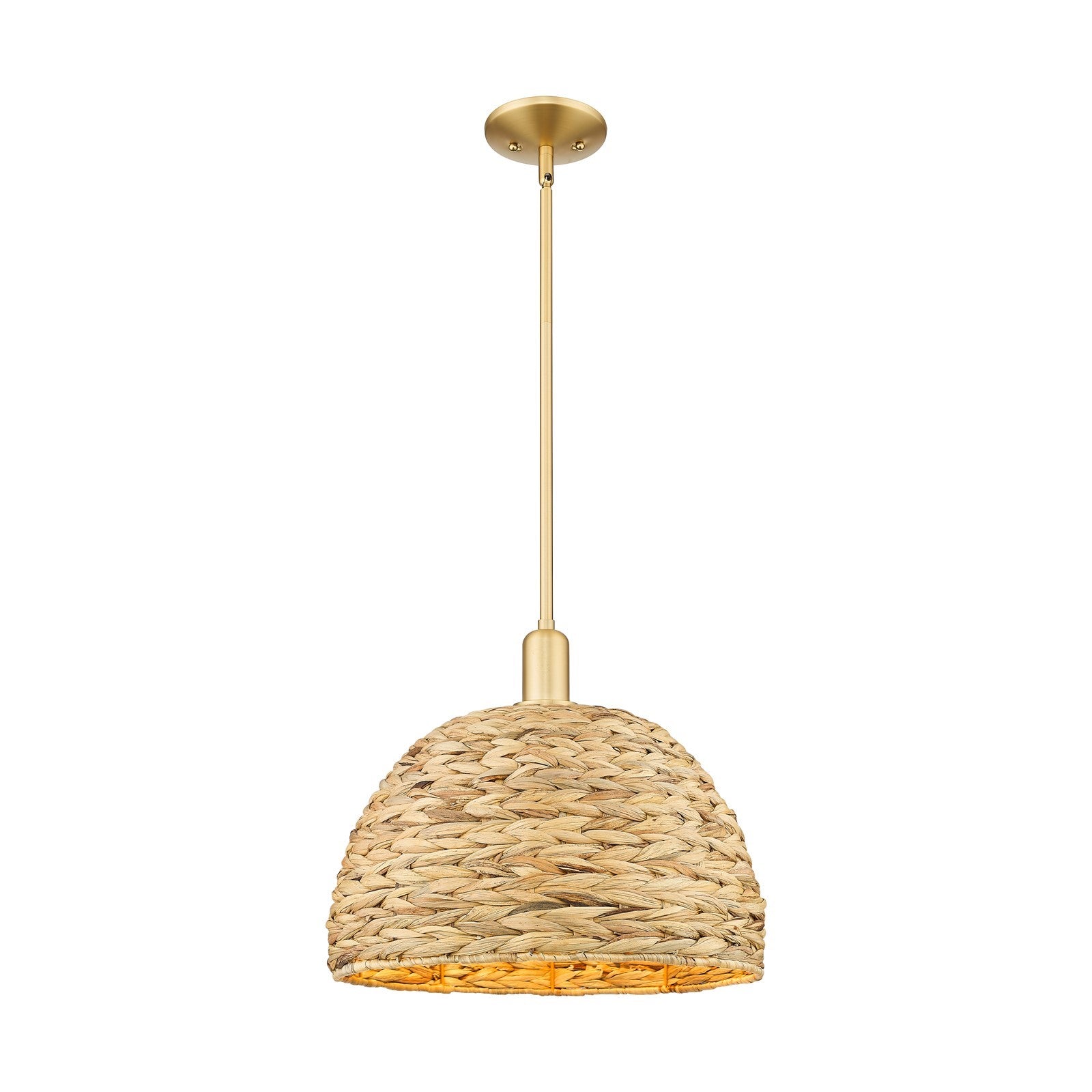 Innovations Woven Rattan 16in 1-Light Mini Pendant | Industrial Satin Gold Steel and Natural Fiber Dome Shade | Kitchen | Model 716-1S-SG-RBD-16-NAT