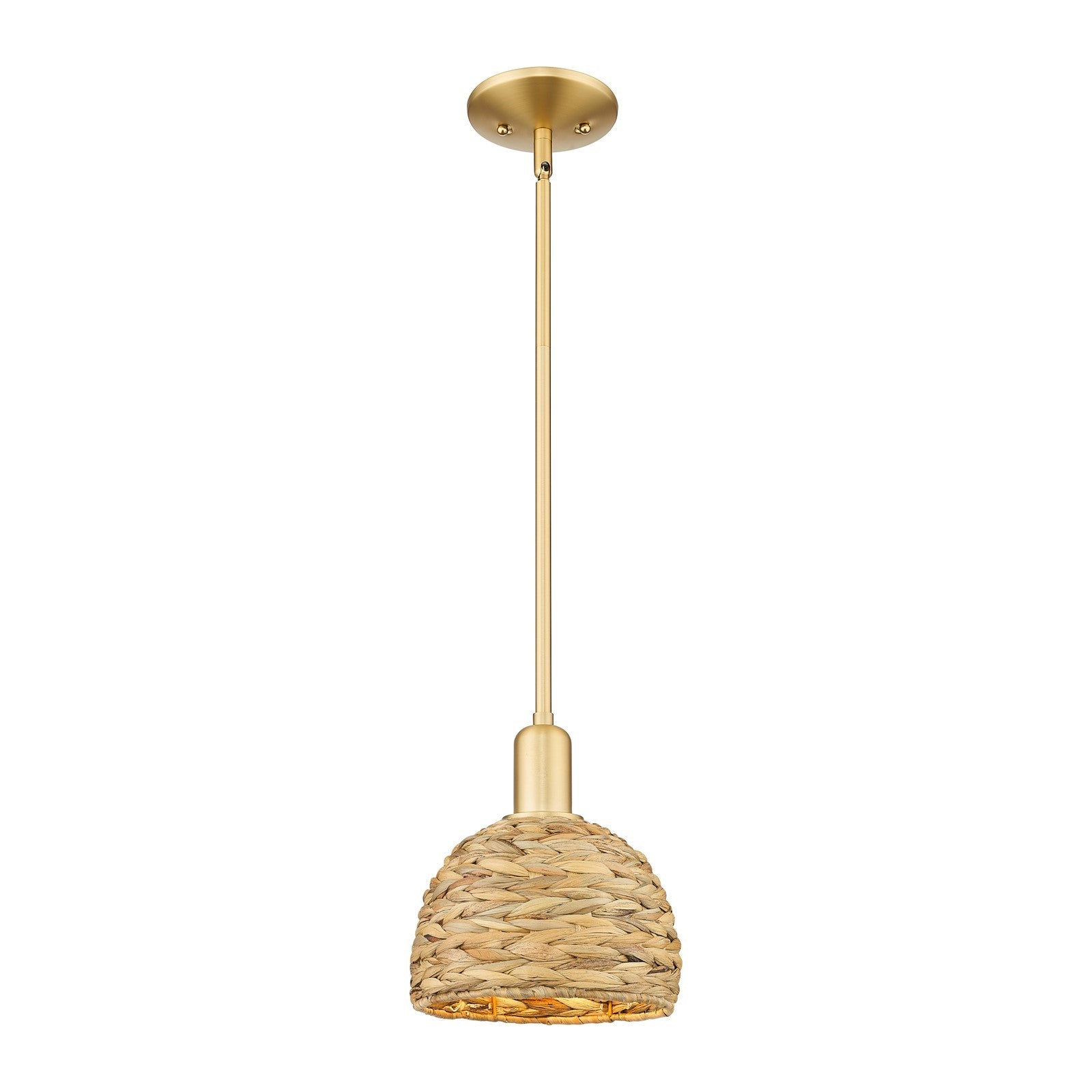 Innovations Woven Rattan 8in 1-Light Mini Pendant | Rustic Farmhouse Satin Gold Steel and Natural Woven Rattan | Kitchen | Model 716-1S-SG-RBD-8-NAT