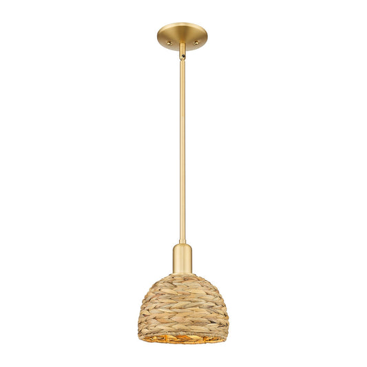 Innovations Woven Rattan 8in 1-Light Mini Pendant | Rustic Farmhouse Satin Gold Steel and Natural Woven Rattan | Kitchen | Model 716-1S-SG-RBD-8-NAT