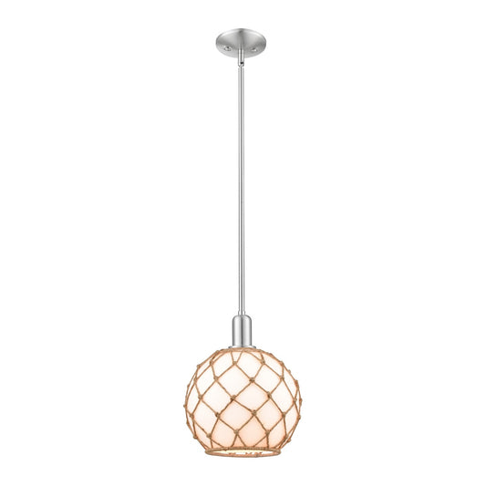 Innovations Farmhouse Rope 10in 1-Light Mini Pendant | Industrial Brushed Satin Nickel and Matte White Glass with Brown Rope | Model 716-1S-SN-G121-10RB