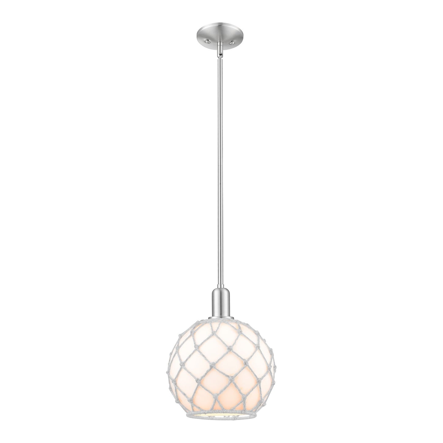 Innovations Farmhouse Rope 10in 1-Light Mini Pendant | Industrial Brushed Satin Nickel and White Glass with Rope | Kitchen | Model 716-1S-SN-G121-10RW