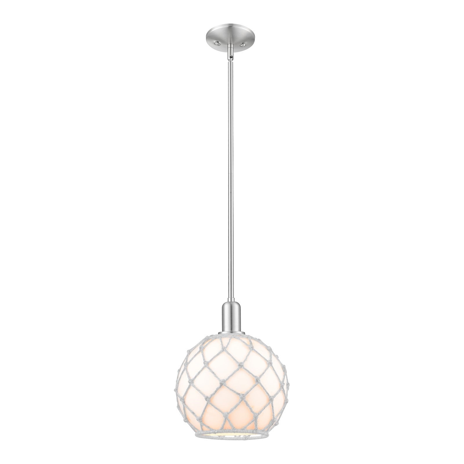 Innovations Farmhouse Rope 10in 1-Light Mini Pendant | Industrial Brushed Satin Nickel and White Glass with Rope | Kitchen | Model 716-1S-SN-G121-10RW
