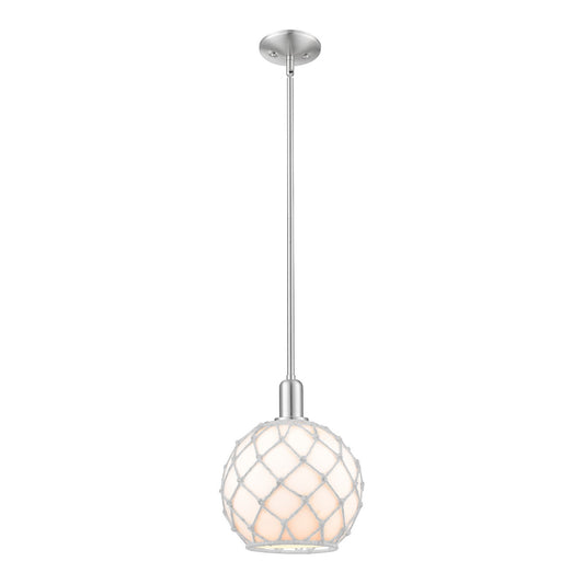 Innovations Farmhouse Rope 10in 1-Light Mini Pendant | Industrial Brushed Satin Nickel and White Glass with Rope | Kitchen | Model 716-1S-SN-G121-10RW