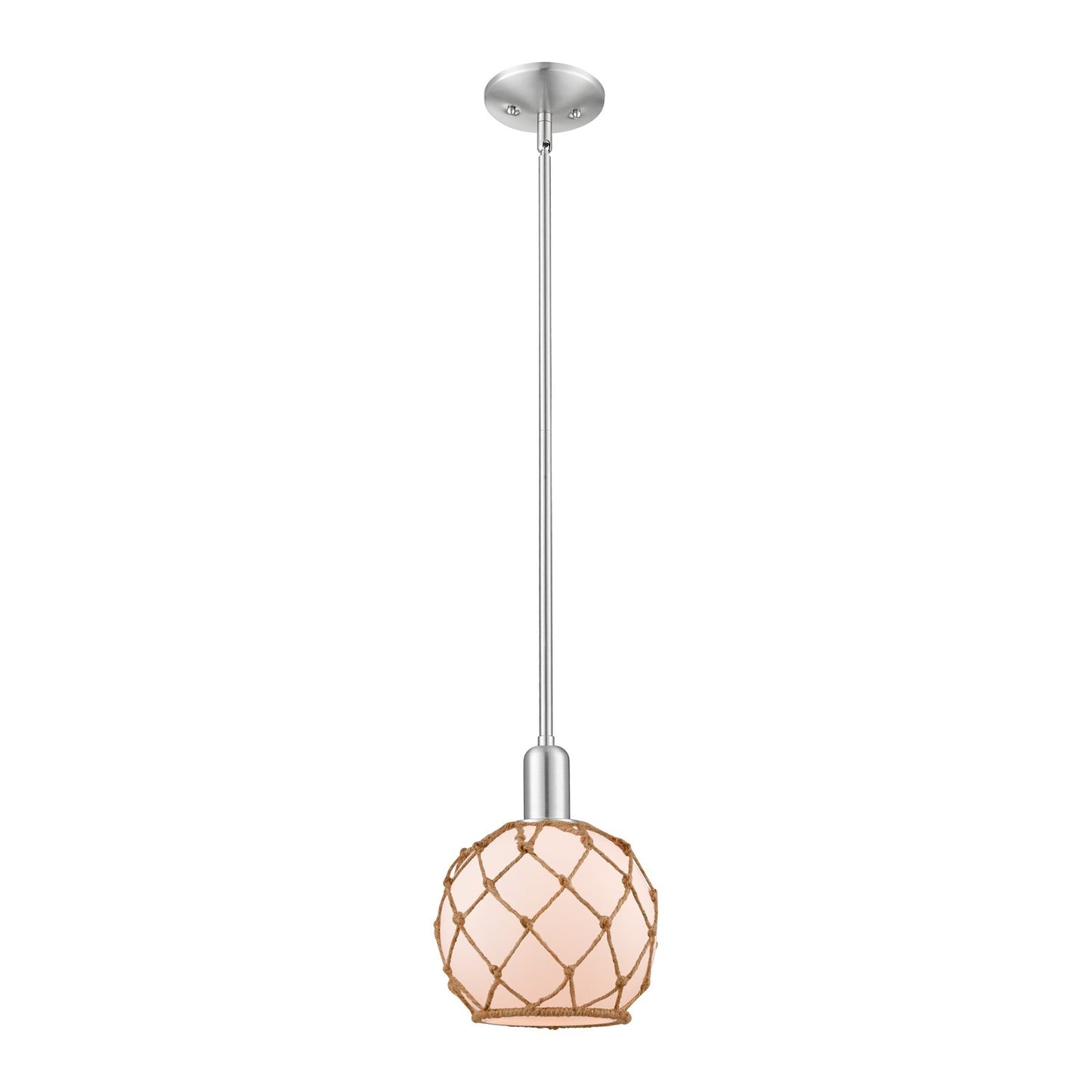 Innovations Farmhouse Rope 8in 1-Light Mini Pendant | Industrial Brushed Satin Nickel and White Glass with Brown Rope | Kitchen | Model 716-1S-SN-G121-8RB