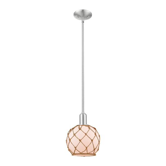 Innovations Farmhouse Rope 8in 1-Light Mini Pendant | Industrial Brushed Satin Nickel and White Glass with Brown Rope | Kitchen | Model 716-1S-SN-G121-8RB