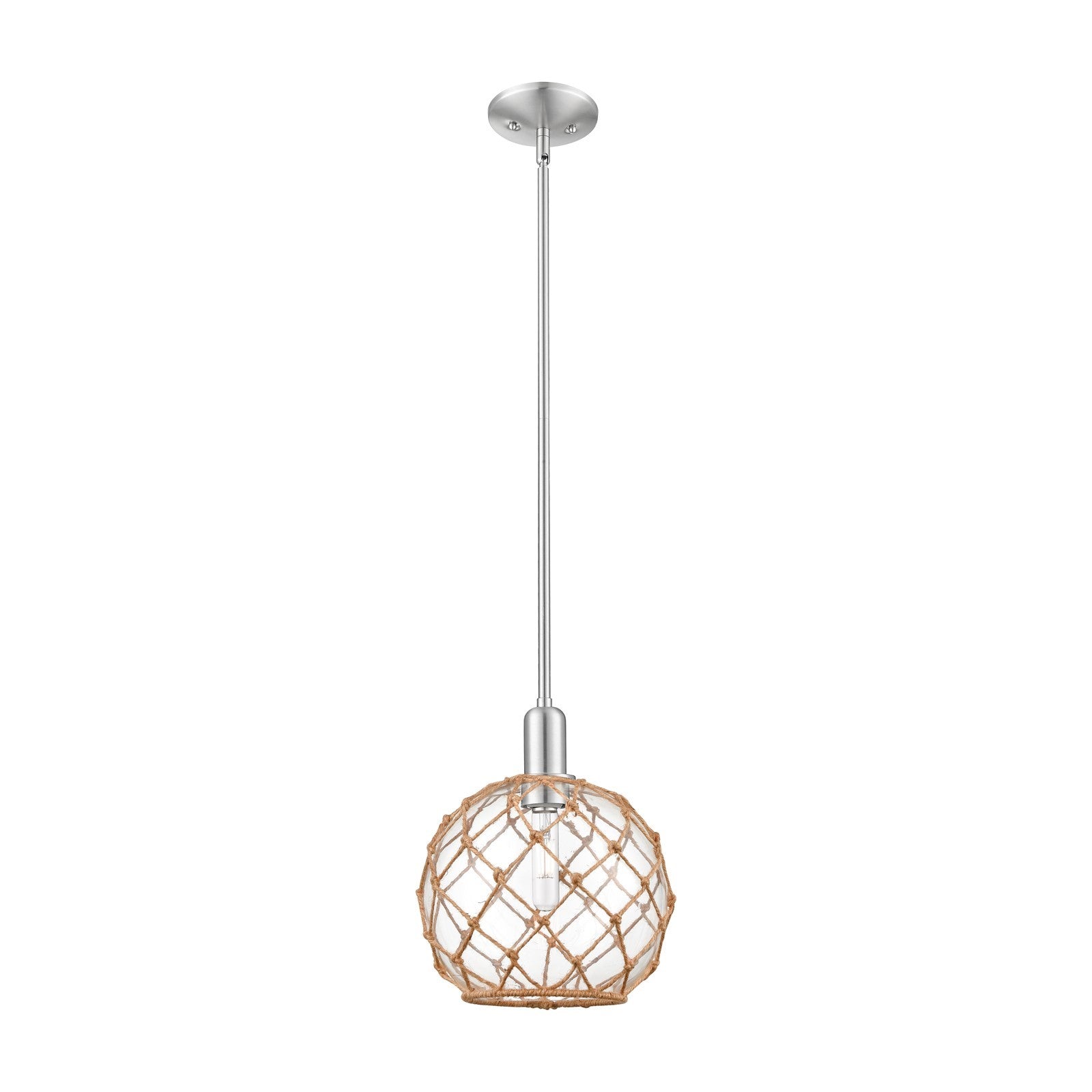 Innovations Farmhouse Rope 10in 1-Light Mini Pendant | Industrial Brushed Satin Nickel and Clear Glass with Brown Rope | Model 716-1S-SN-G122-10RB