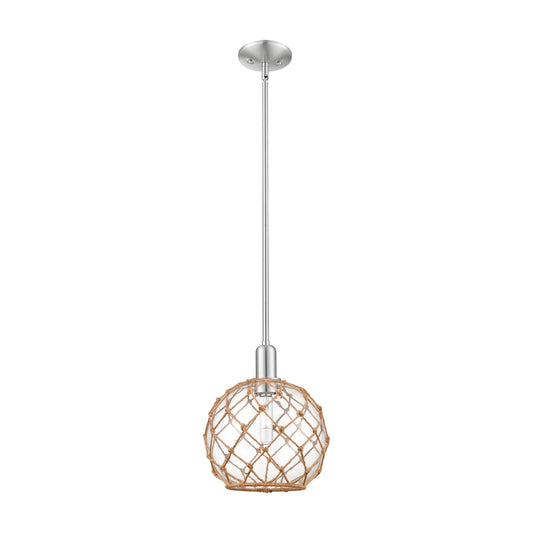 Innovations Farmhouse Rope 10in 1-Light Mini Pendant | Industrial Brushed Satin Nickel and Clear Glass with Brown Rope | Model 716-1S-SN-G122-10RB
