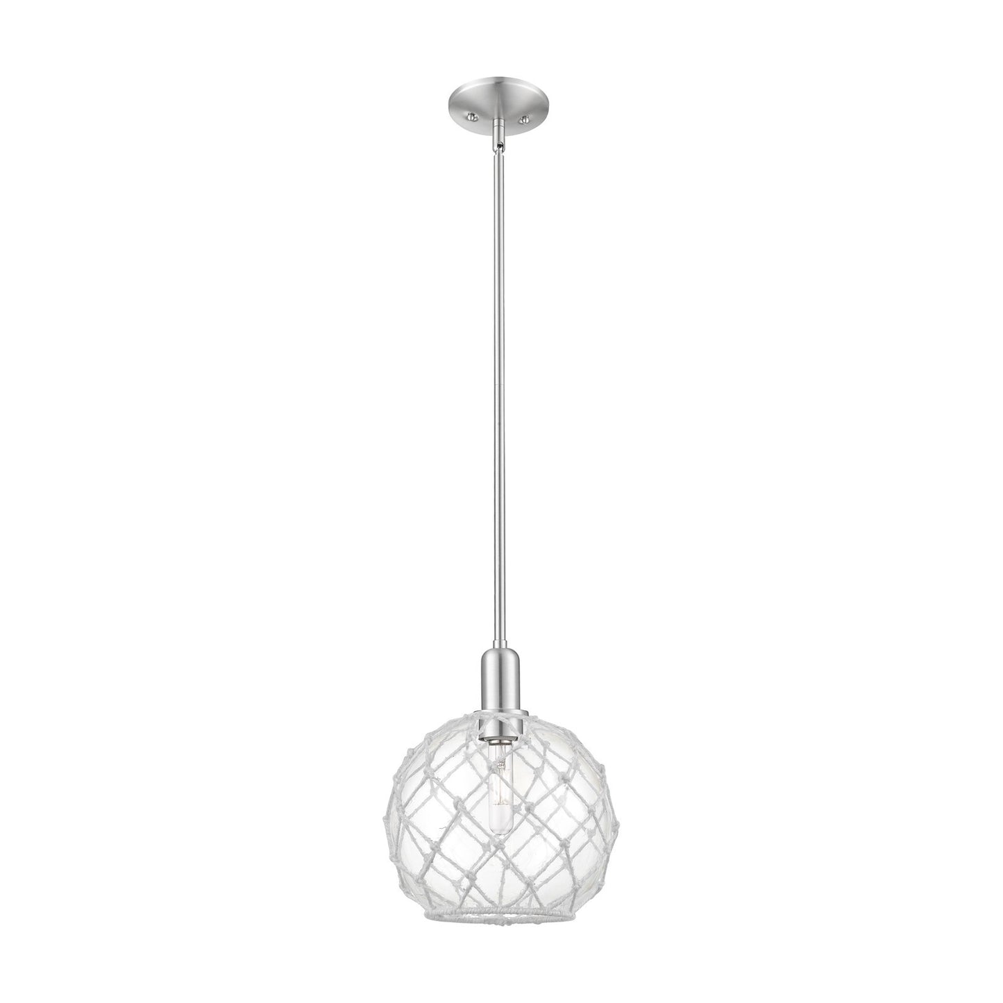 Innovations Farmhouse Rope 10in 1-Light Mini Pendant | Industrial Brushed Satin Nickel and Clear Glass with White Rope | Model 716-1S-SN-G122-10RW