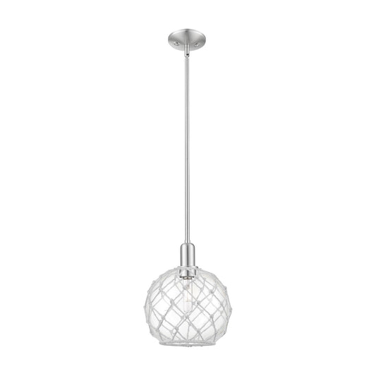 Innovations Farmhouse Rope 10in 1-Light Mini Pendant | Industrial Brushed Satin Nickel and Clear Glass with White Rope | Model 716-1S-SN-G122-10RW