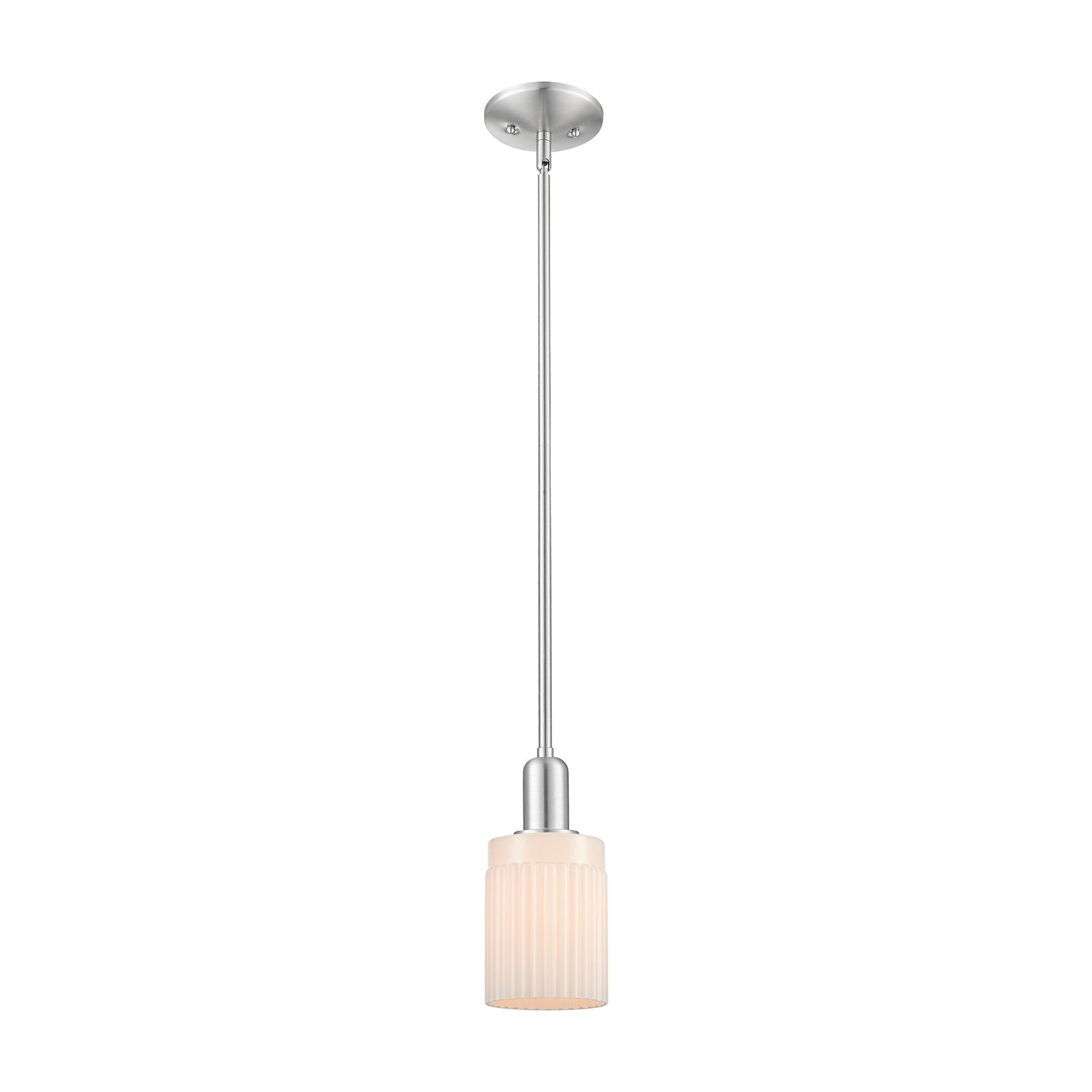 Innovations Hadley 1-Light 4.5in Mini Pendant | Industrial Brushed Satin Nickel and Matte White Ribbed Glass | Kitchen Island & | Model 716-1S-SN-G341