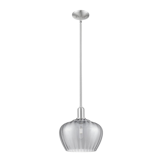Innovations Fenton 11in 1-Light Mini Pendant | Industrial Brushed Satin Nickel Steel and Light Smoke Ribbed Glass | Kitchen Island | Model 716-1S-SN-G93-L