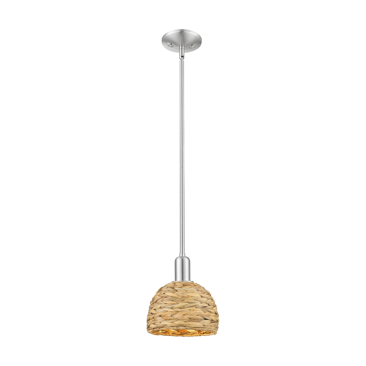 Innovations Woven Rattan 8in 1-Light Mini Pendant | Rustic Farmhouse Satin Nickel and Natural Rattan Shade | Kitchen Island & | Model 716-1S-SN-RBD-8-NAT