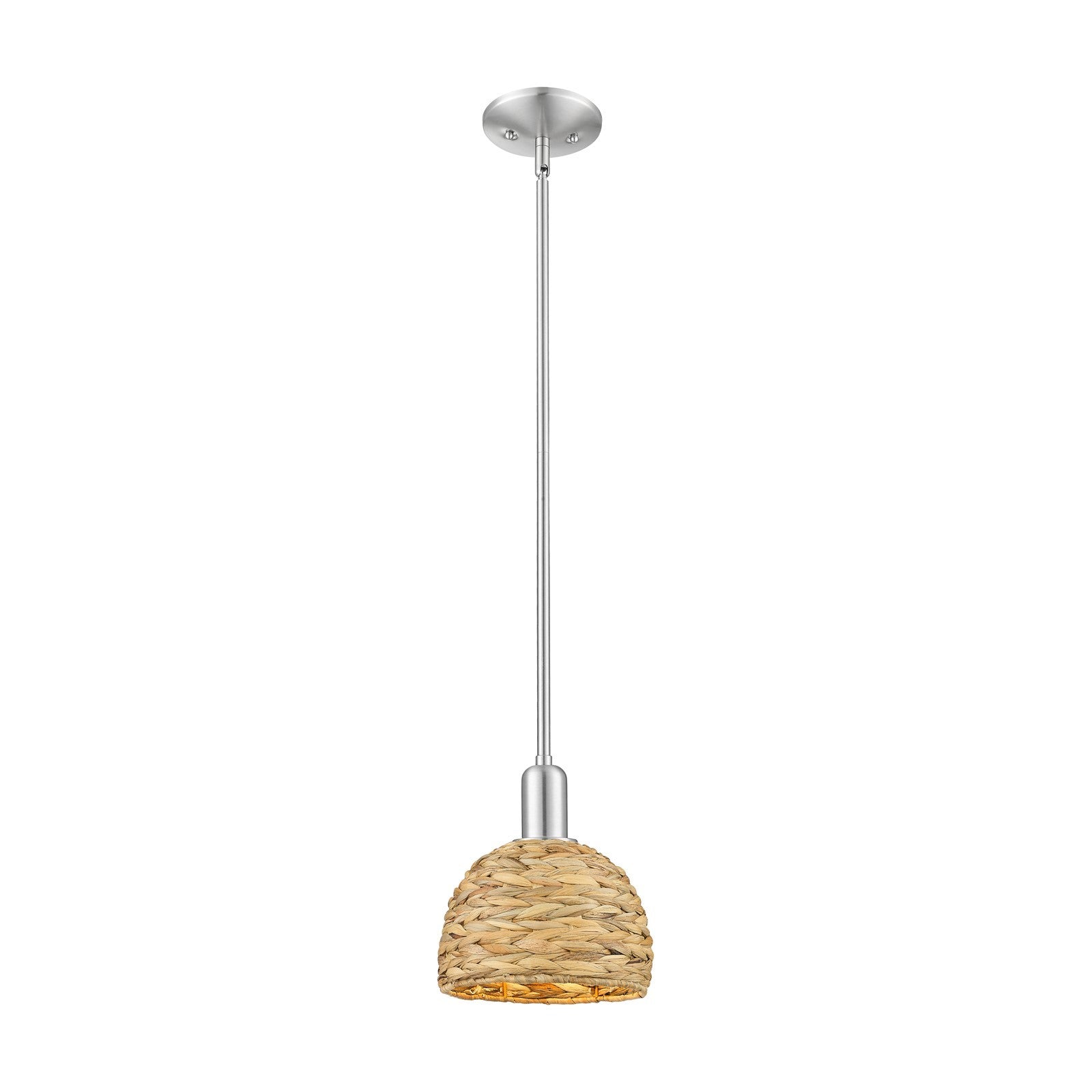 Innovations Woven Rattan 8in 1-Light Mini Pendant | Rustic Farmhouse Satin Nickel and Natural Rattan Shade | Kitchen Island & | Model 716-1S-SN-RBD-8-NAT