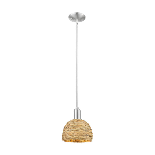 Innovations Woven Rattan 8in 1-Light Mini Pendant | Rustic Farmhouse Satin Nickel and Natural Rattan Shade | Kitchen Island & | Model 716-1S-SN-RBD-8-NAT