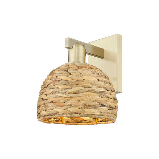 Innovations Woven Rattan 8in 1-Light Wall Sconce | Industrial Antique Brass and Natural Fiber Shade | Bathroom & Hallway | Model 716-1W-AB-RBD-8-NAT