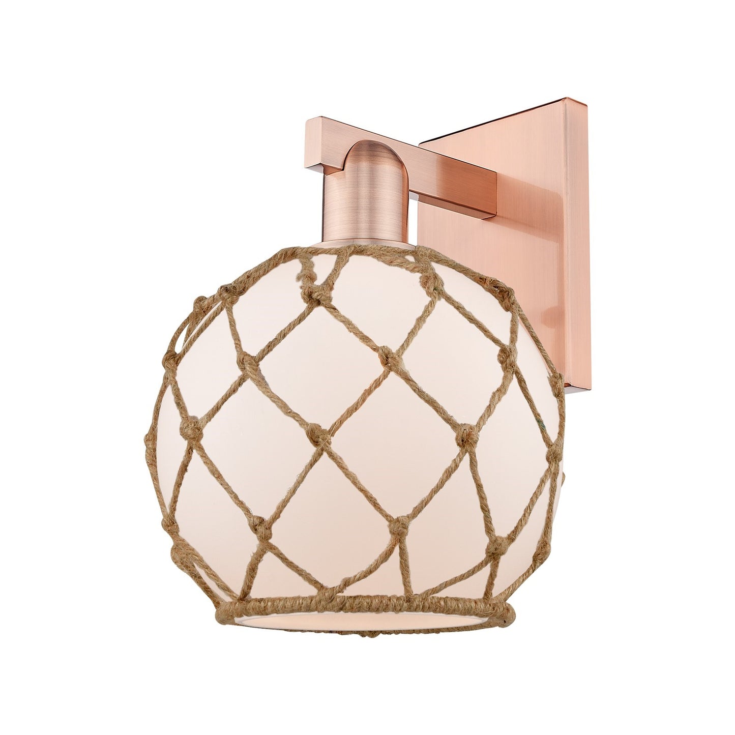 Innovations Farmhouse Rope 8in 1-Light Wall Sconce | Industrial Antique Copper Steel and White Frosted Glass with Brown Rope | Model 716-1W-AC-G121-8RB