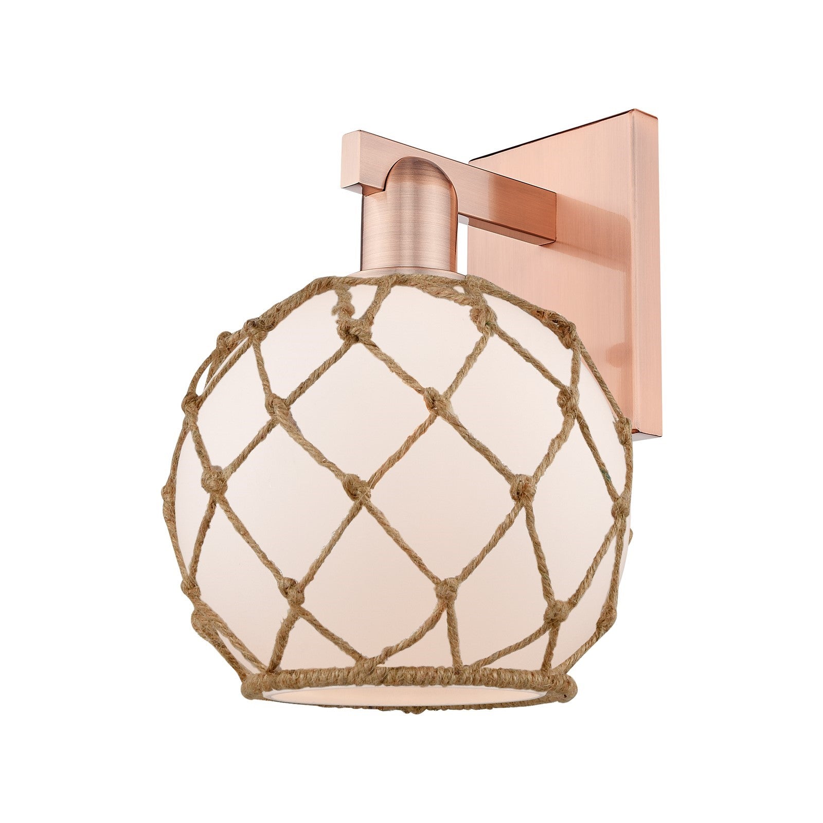 Innovations Farmhouse Rope 8in 1-Light Wall Sconce | Industrial Antique Copper Steel and White Frosted Glass with Brown Rope | Model 716-1W-AC-G121-8RB