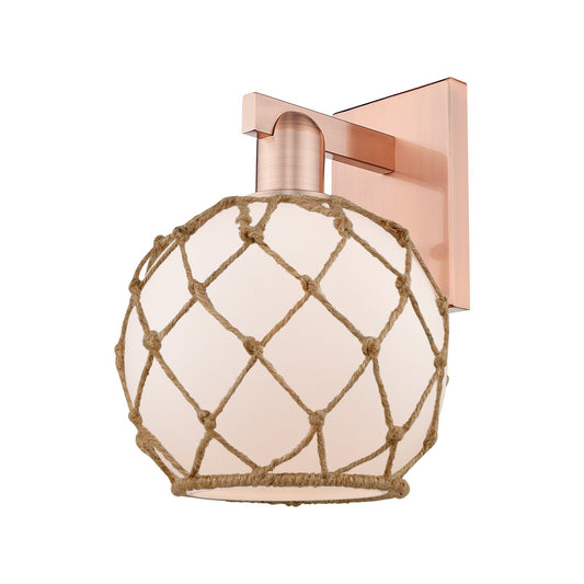 Innovations Farmhouse Rope 8in 1-Light Wall Sconce | Industrial Antique Copper Steel and White Frosted Glass with Brown Rope | Model 716-1W-AC-G121-8RB