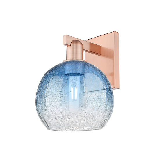 Innovations Brookhaven Globe 8in 1-Light Wall Sconce | Industrial Antique Copper and Sapphire Blue Glass | Bathroom & Hallway | Model 716-1W-AC-G483-8SB