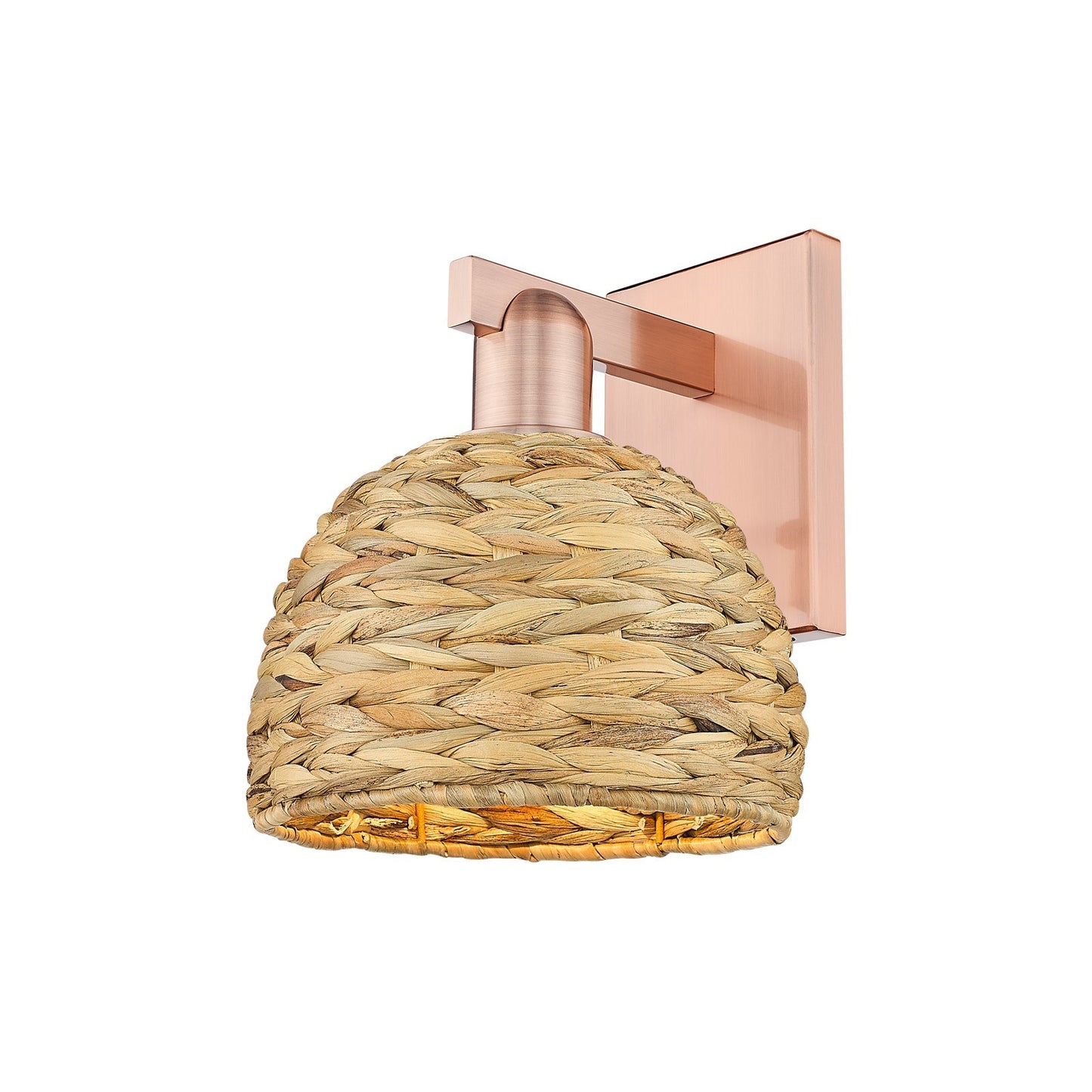 Innovations Woven Rattan 8in 1-Light Wall Sconce | Industrial Antique Copper Steel and Natural Fiber Shade | Living Room & | Model 716-1W-AC-RBD-8-NAT