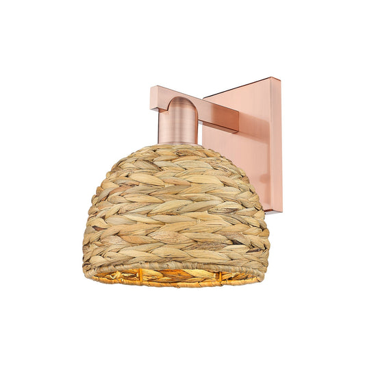 Innovations Woven Rattan 8in 1-Light Wall Sconce | Industrial Antique Copper Steel and Natural Fiber Shade | Living Room & | Model 716-1W-AC-RBD-8-NAT