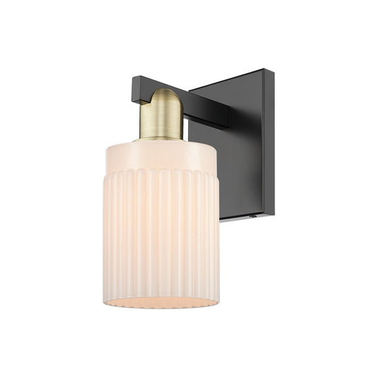 Innovations Hadley 1-Light 4.5in Wall Sconce | Industrial Black Antique Brass Steel and Matte White Ribbed Glass | Bedroom & | Model 716-1W-BAB-G341