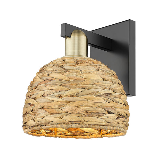 Innovations Woven Rattan 8in 1-Light Wall Sconce | Industrial Black Antique Brass Steel and Natural Fiber Dome Shade | Model 716-1W-BAB-RBD-8-NAT