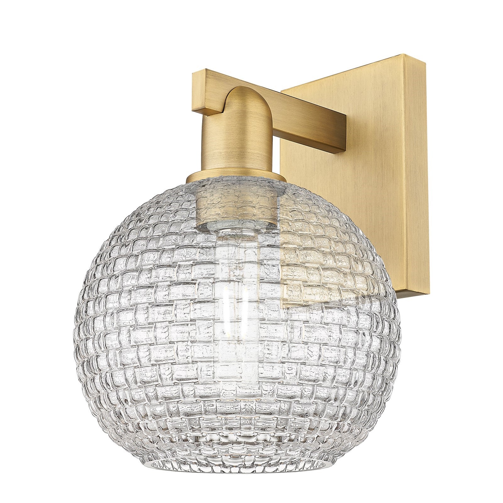 Innovations Athens 8in 1-Light Wall Sconce | Industrial Brushed Brass and Clear Basket Weave Glass | Bathroom & Hallway Accent | Model 716-1W-BB-G122C-8CL