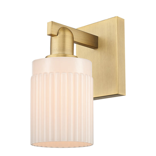 Innovations Hadley 1-Light 4.5in Wall Sconce | Industrial Brushed Brass and Matte White Ribbed Glass | Entryway & Hallway Accent | Model 716-1W-BB-G341