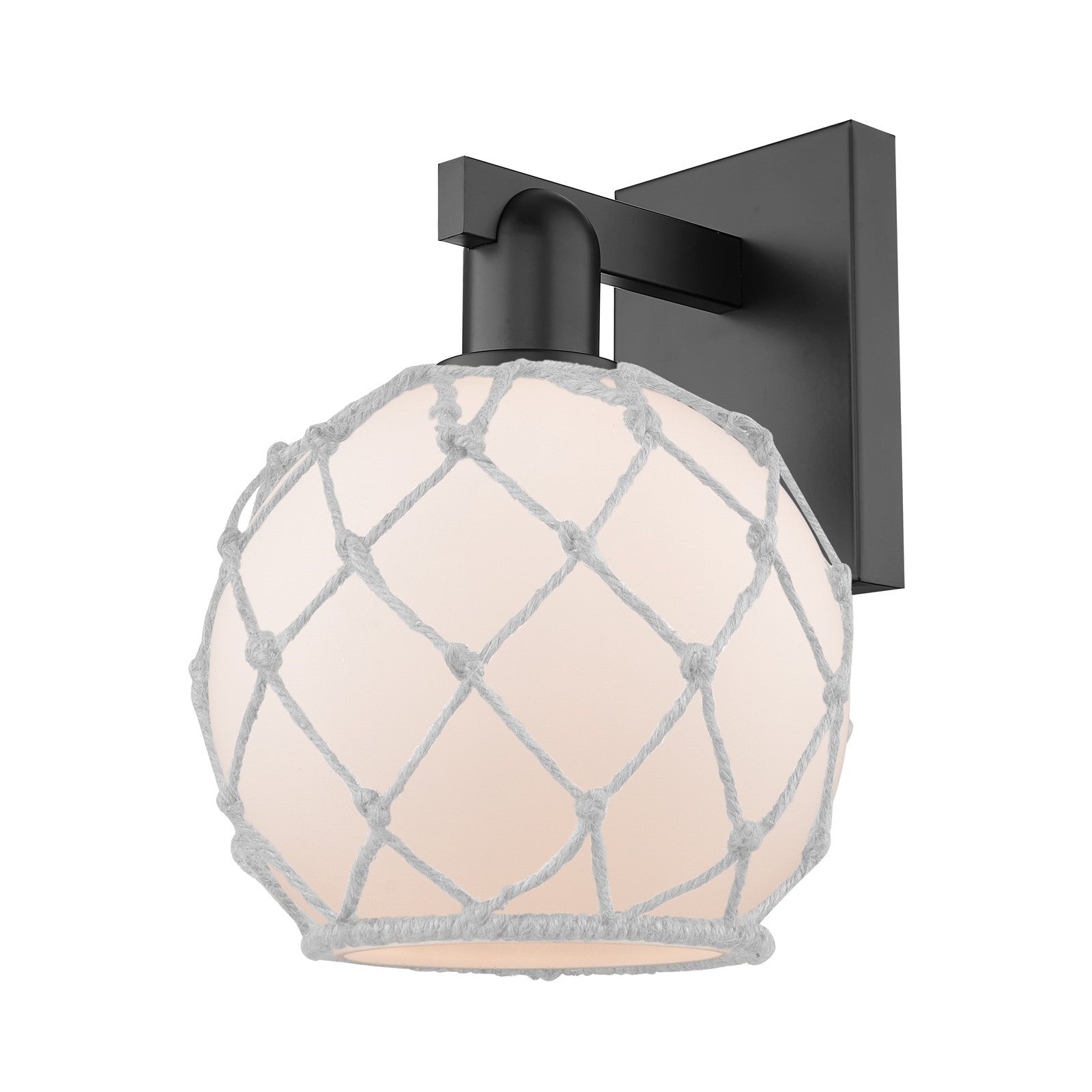 Innovations Farmhouse Rope 8in 1-Light Wall Sconce | Industrial Matte Black Steel and White Frosted Glass with Rope | Bathroom | Model 716-1W-BK-G121-8RW