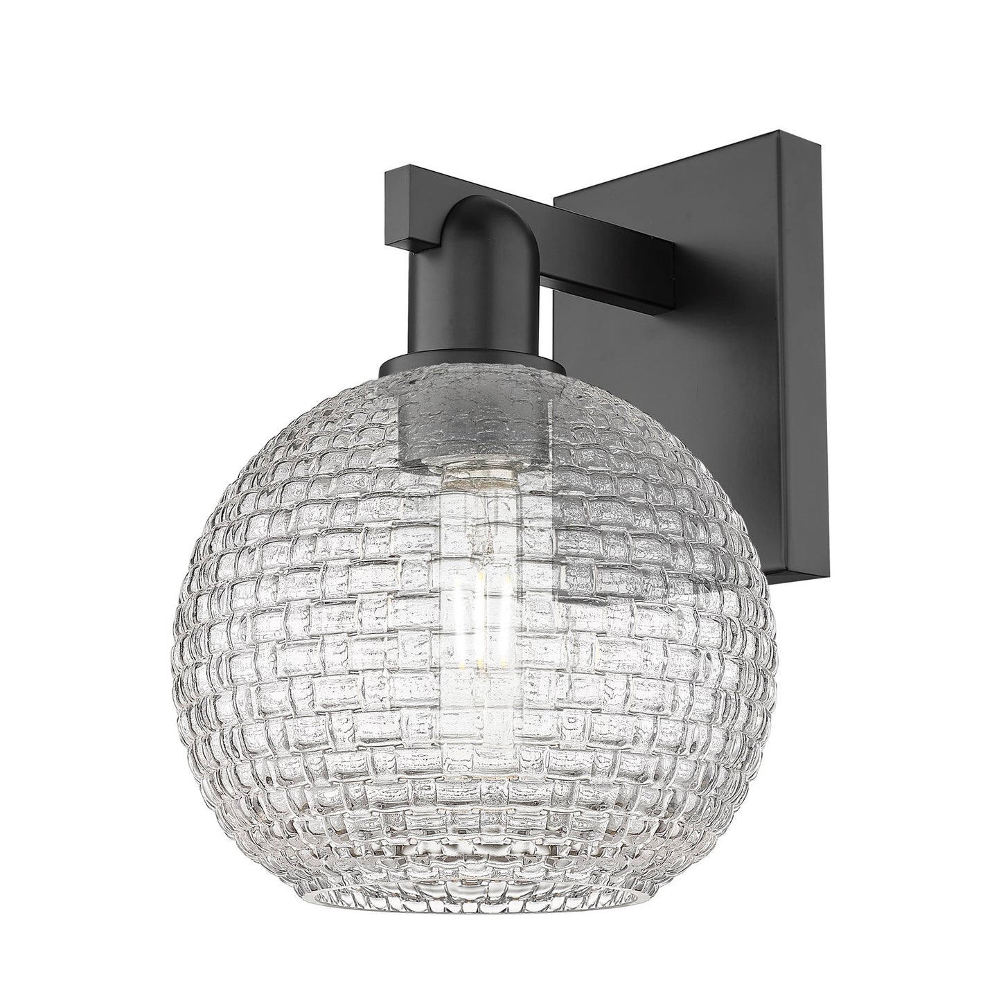 Innovations Athens 8in 1-Light Wall Sconce | Industrial Matte Black Steel and Clear Basket Weave Glass | Hallway & Bathroom | Model 716-1W-BK-G122C-8CL